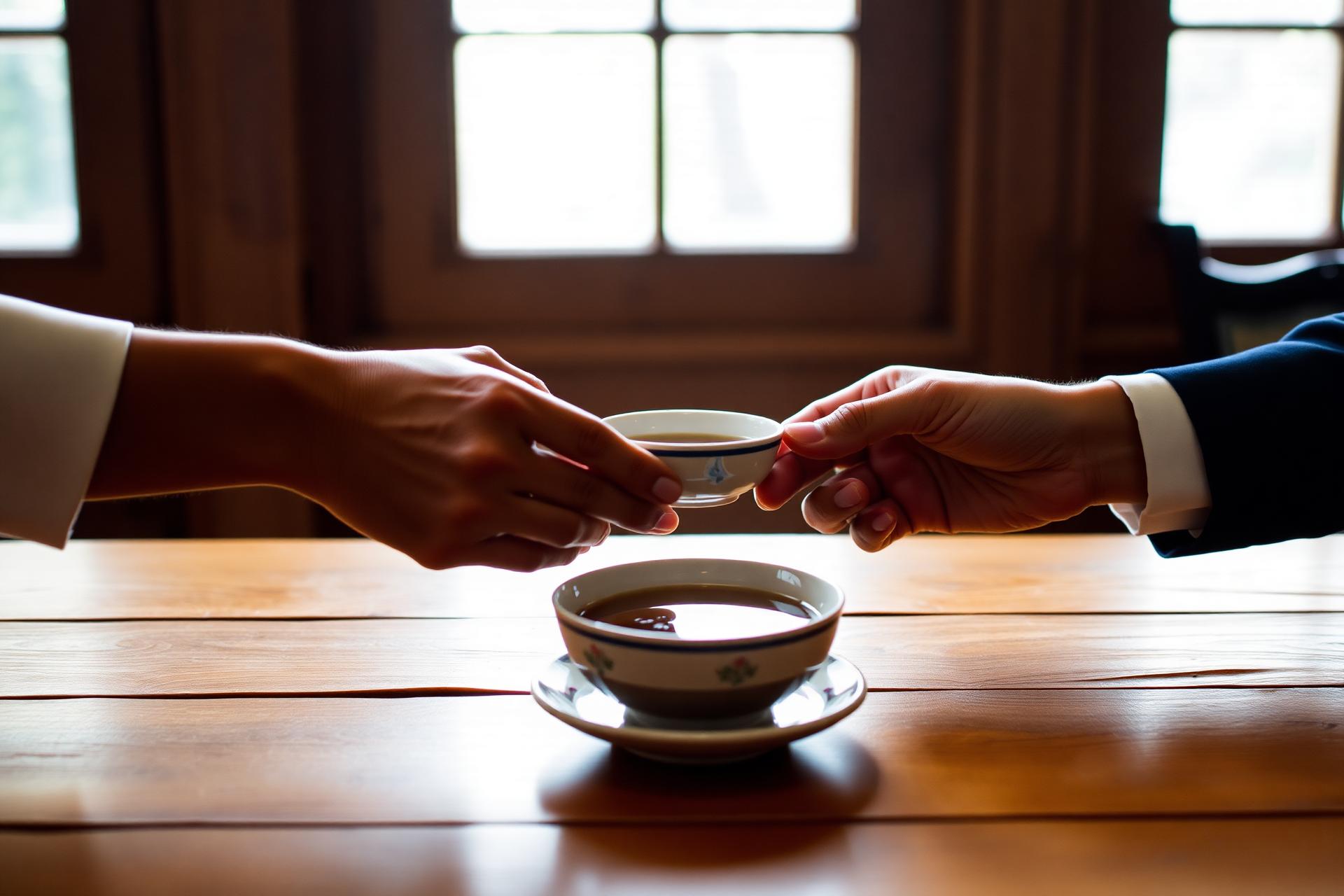 Hands exchanging a bowl of phở